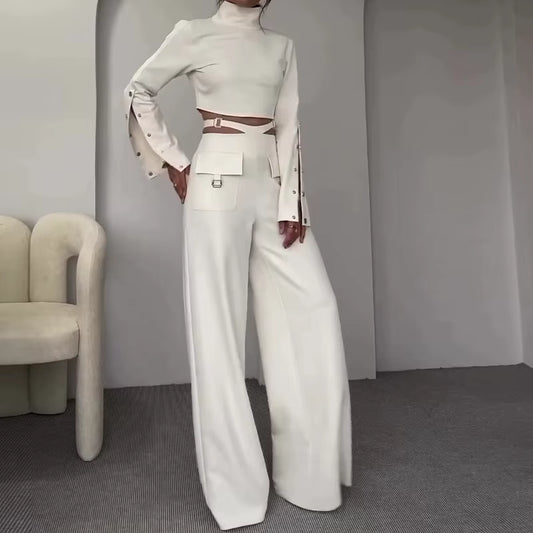 Chic Two-Piece Women's Outfit: Sexy High-Neck Trumpet Sleeve Top & High-Waisted Trousers Set