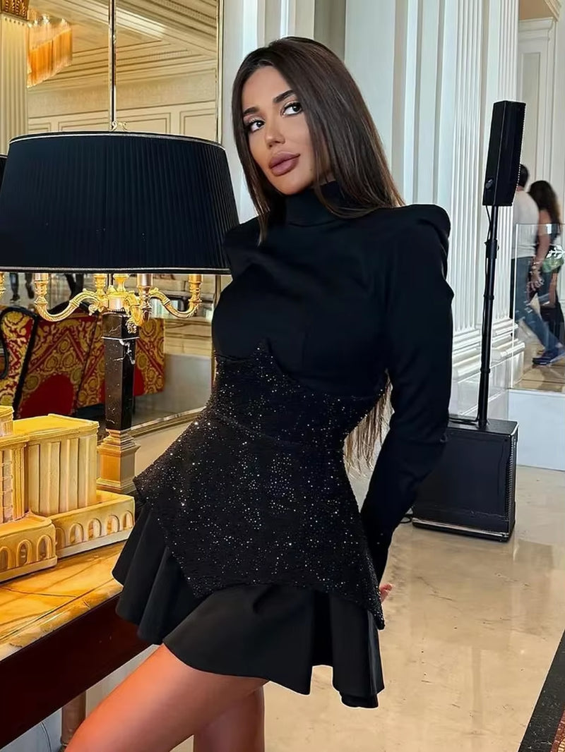 New INS 2024 Women Sexy Long Sleeve Black Pleated Dress High Street Glitter Celebrity Office Lady Dress