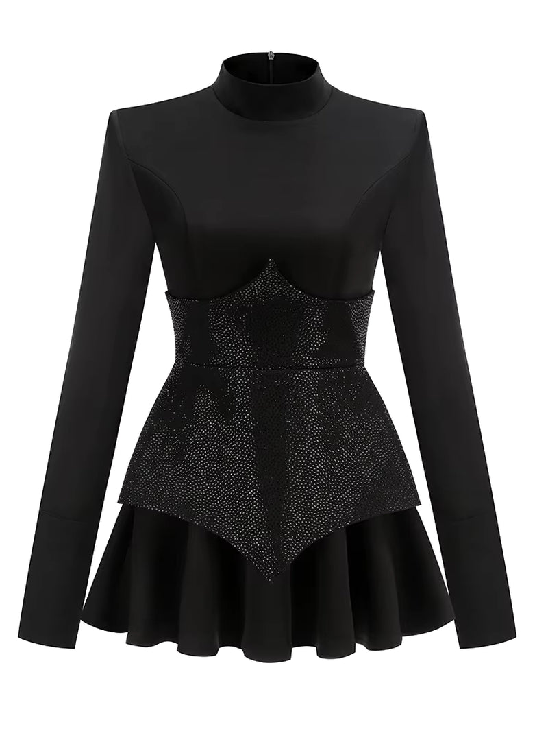 New INS 2024 Women Sexy Long Sleeve Black Pleated Dress High Street Glitter Celebrity Office Lady Dress