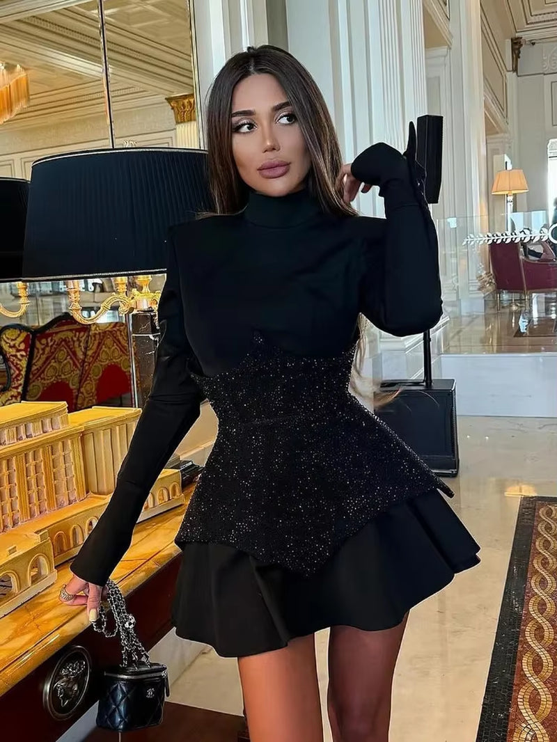 New INS 2024 Women Sexy Long Sleeve Black Pleated Dress High Street Glitter Celebrity Office Lady Dress