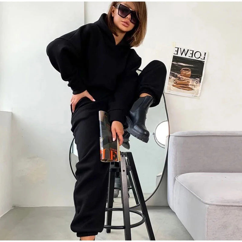 New Autumn and Winter Women'S Clothing Long-Sleeve Hooded Waist Belted Hoodie Cuffed Trousers Suit Two-Piece Set Women