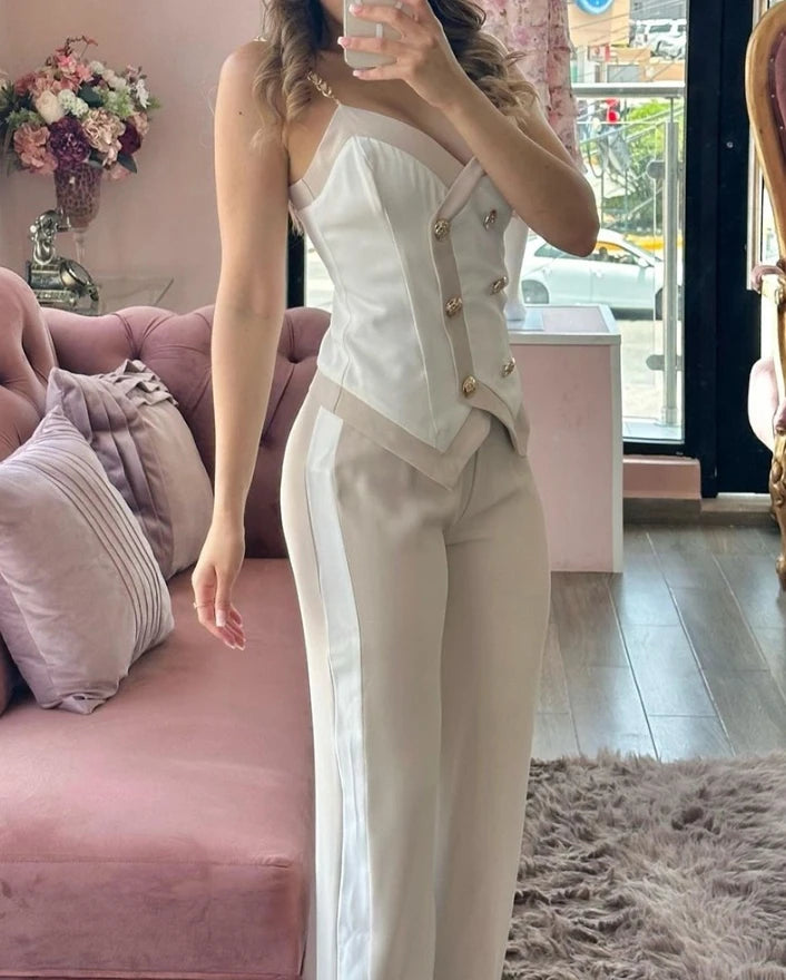 Set Woman 2 Pieces Elegant 2024 New Summer Sleeveless Double Breasted Chain Strap Cami Top & Slim Fit Straight Leg Pants Set