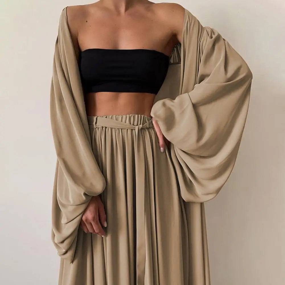 3Pcs/Set Women Outfit Solid Color Long Sleeve Cardigan Tube Top Wide Leg Pants Three Pieces Set Tracksuit for Party