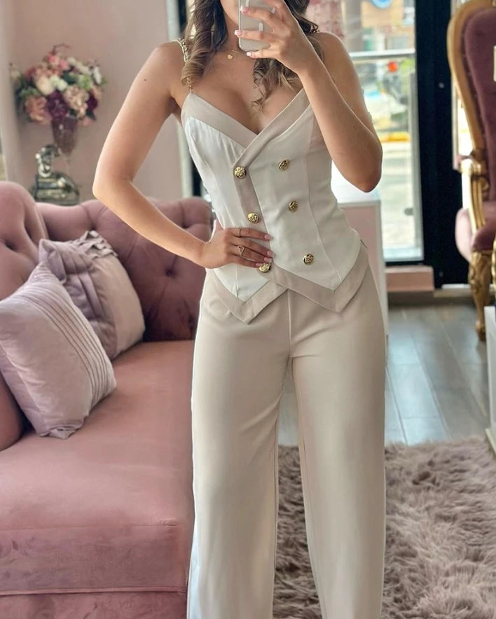 Set Woman 2 Pieces Elegant 2024 New Summer Sleeveless Double Breasted Chain Strap Cami Top & Slim Fit Straight Leg Pants Set