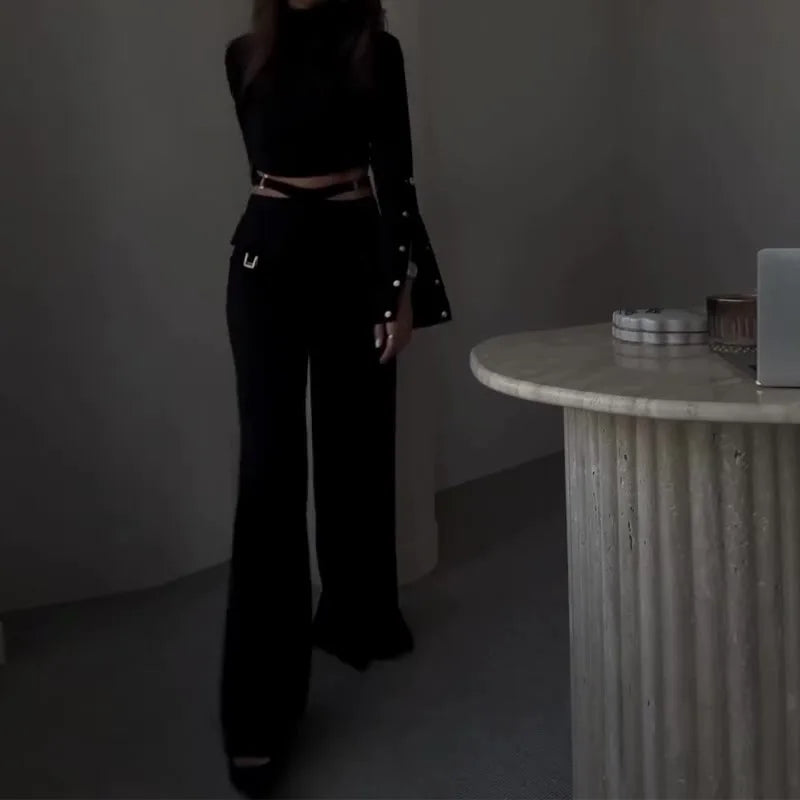 Chic Two-Piece Women's Outfit: Sexy High-Neck Trumpet Sleeve Top & High-Waisted Trousers Set