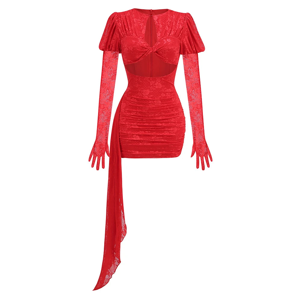 High Quality Red White Women Long Sleeve Sexy Lace Draped Bodycon Mini Dress Gloves Nightclub Party Celebrate Birthday Dress