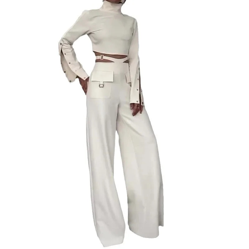 Chic Two-Piece Women's Outfit: Sexy High-Neck Trumpet Sleeve Top & High-Waisted Trousers Set