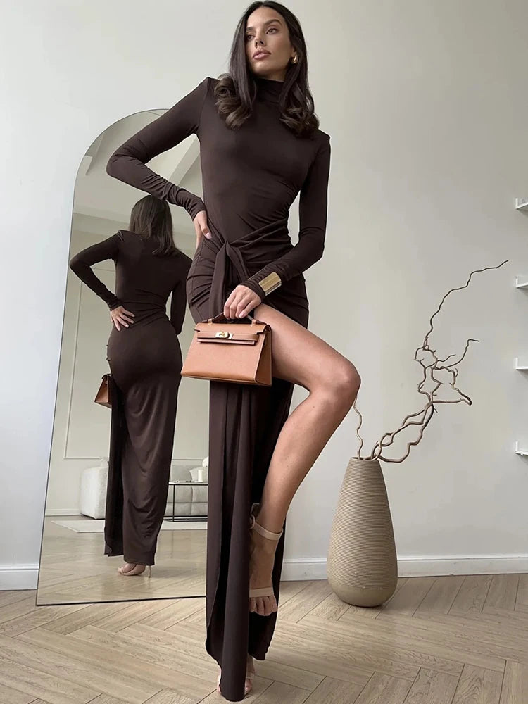 Sexy High Slit Bandage Women Long Dress Black Turtleneck Long Sleeve Dress Female Winter Slim Elegant Women Clothing