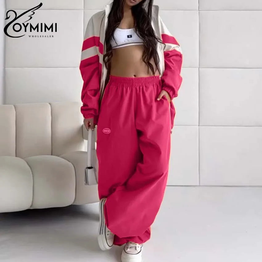 Oymimi Fashion Dark Pink Patchwork Sets for Women 2 Pieces Casual Loose Long Sleeve Zipper Blouses and High Waist Trousers Sets