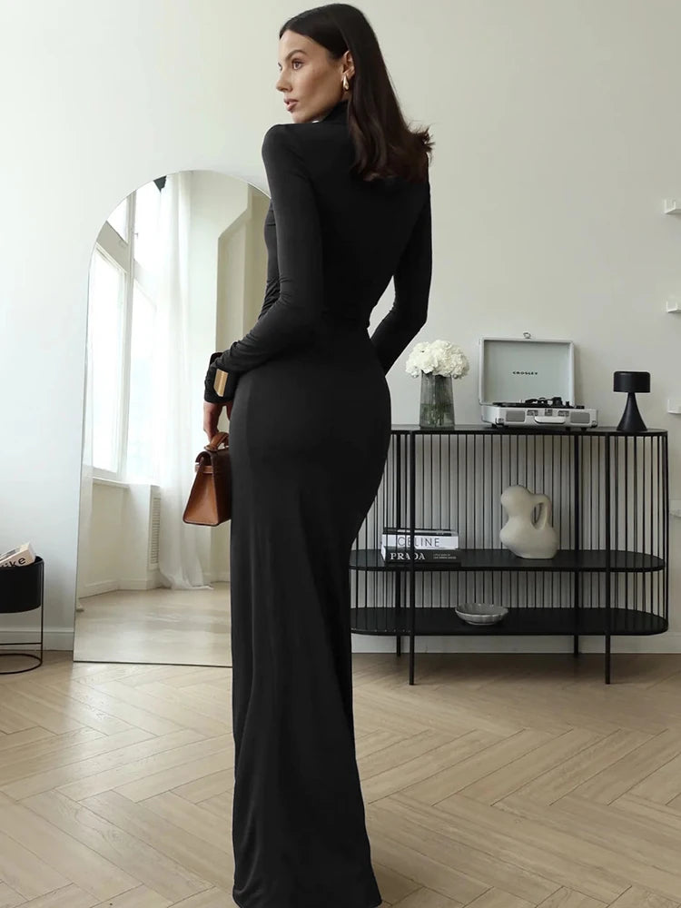 Sexy High Slit Bandage Women Long Dress Black Turtleneck Long Sleeve Dress Female Winter Slim Elegant Women Clothing