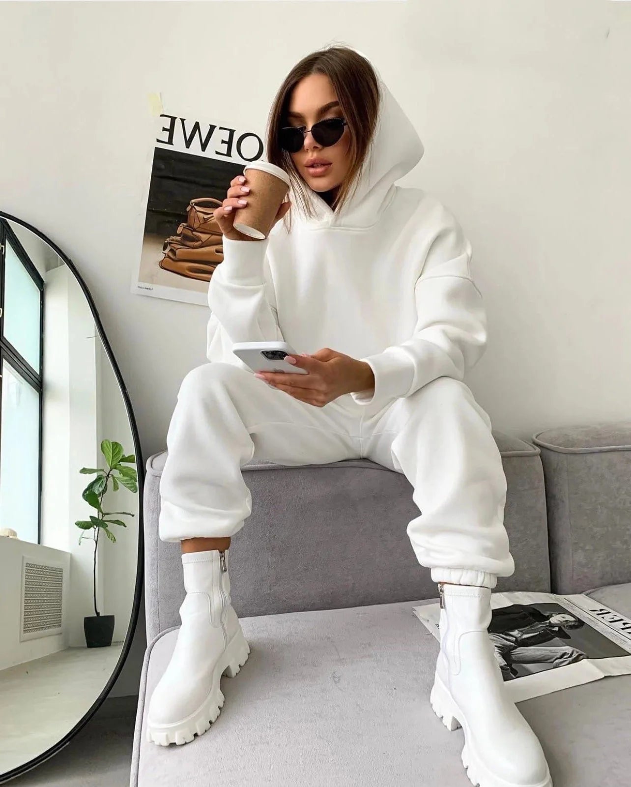 New Autumn and Winter Women'S Clothing Long-Sleeve Hooded Waist Belted Hoodie Cuffed Trousers Suit Two-Piece Set Women