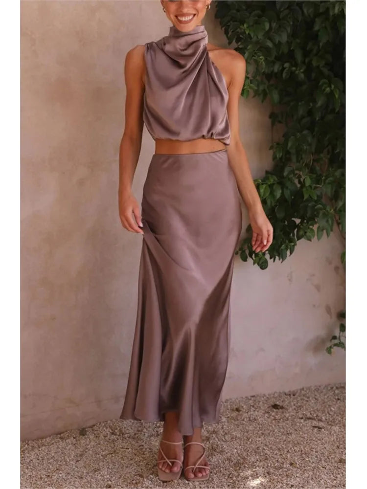 New Spring and Summer Satin Solid Color Slim Casual Two-Piece Suit for Women Fashion Elegant Office Party Holiday Skirt Suit