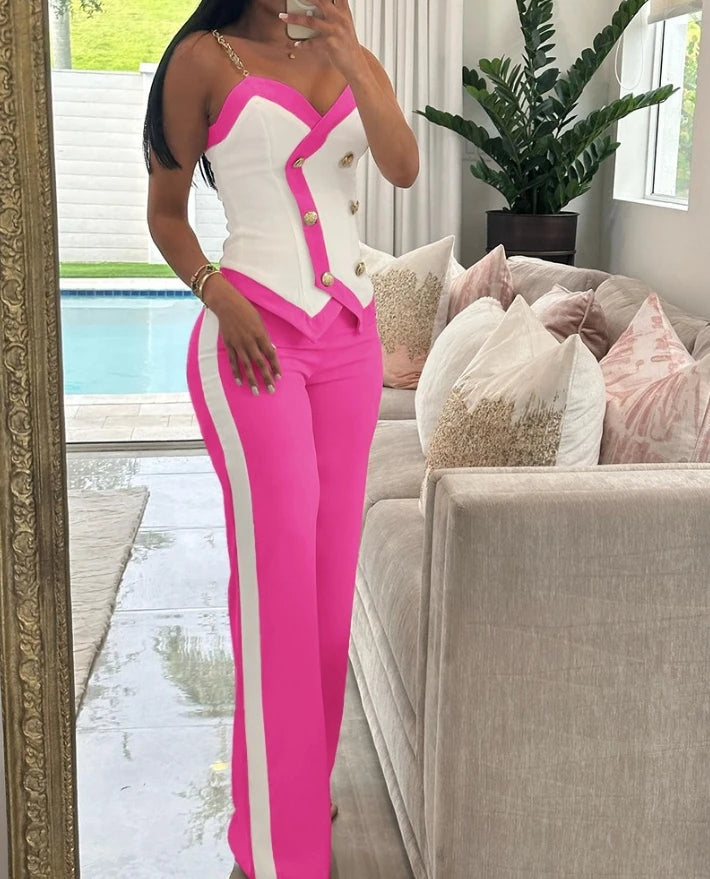 Set Woman 2 Pieces Elegant 2024 New Summer Sleeveless Double Breasted Chain Strap Cami Top & Slim Fit Straight Leg Pants Set