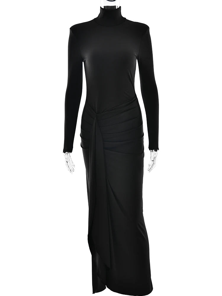 Sexy High Slit Bandage Women Long Dress Black Turtleneck Long Sleeve Dress Female Winter Slim Elegant Women Clothing