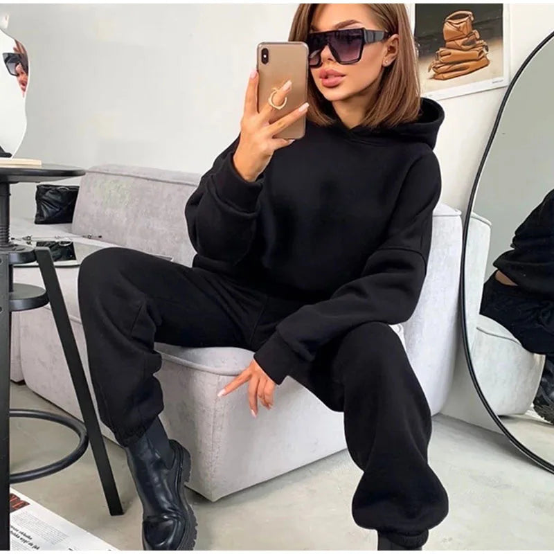 New Autumn and Winter Women'S Clothing Long-Sleeve Hooded Waist Belted Hoodie Cuffed Trousers Suit Two-Piece Set Women