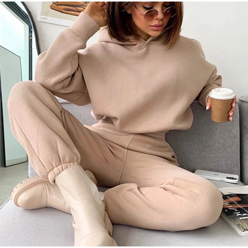 New Autumn and Winter Women'S Clothing Long-Sleeve Hooded Waist Belted Hoodie Cuffed Trousers Suit Two-Piece Set Women