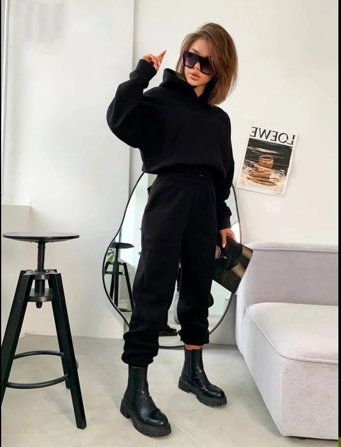 New Autumn and Winter Women'S Clothing Long-Sleeve Hooded Waist Belted Hoodie Cuffed Trousers Suit Two-Piece Set Women