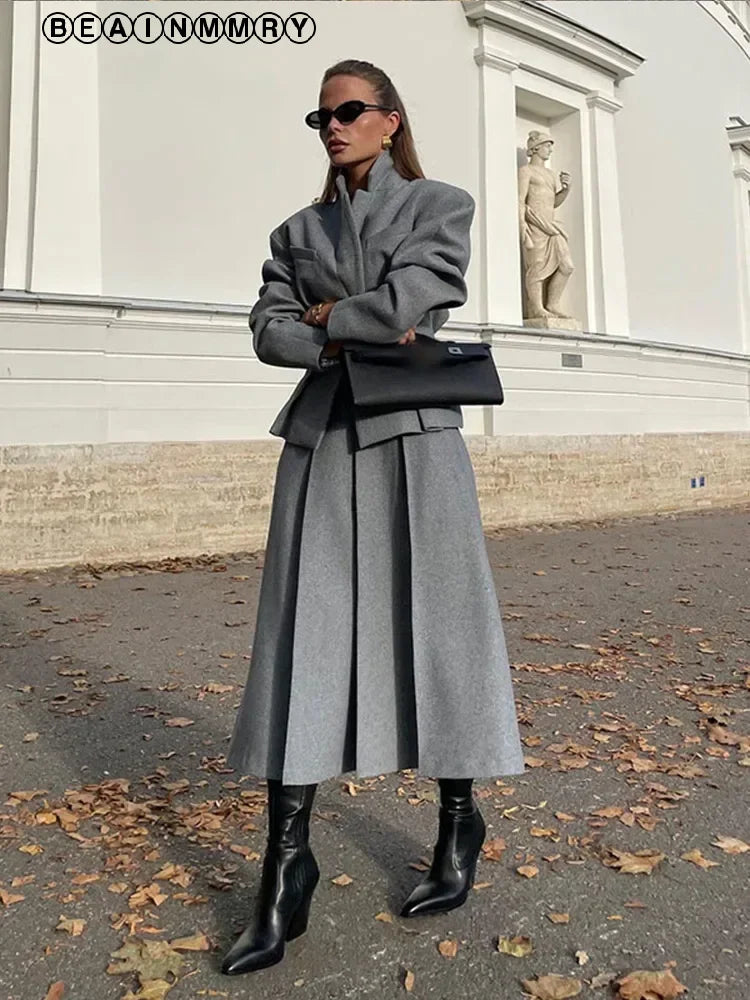 Elegant Women's Woolen Skirt Suit Set with Stand Collar and Full Sleeves - Pleated Long Skirt for Fall 2024