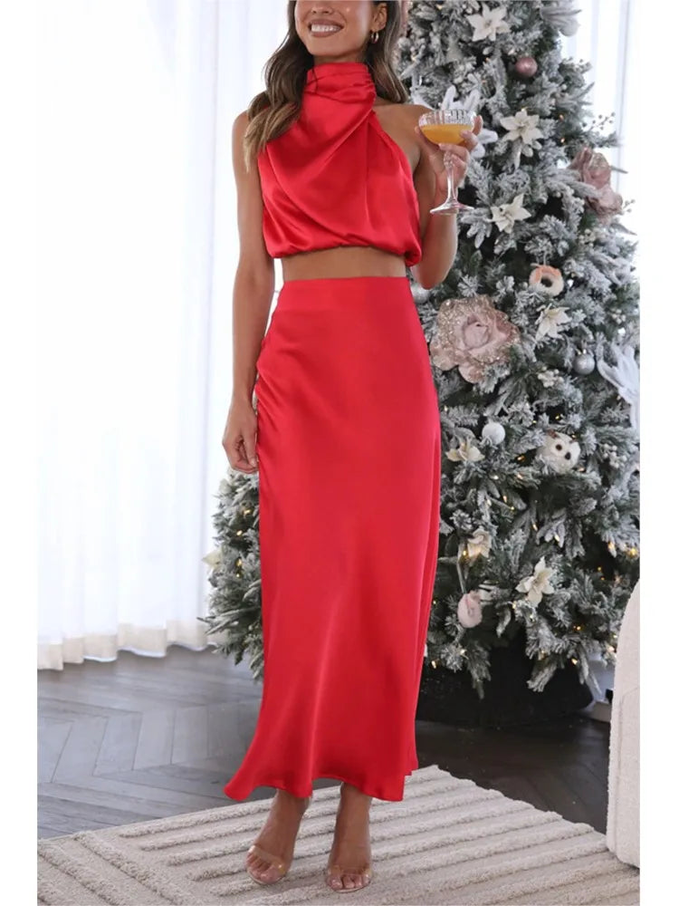 New Spring and Summer Satin Solid Color Slim Casual Two-Piece Suit for Women Fashion Elegant Office Party Holiday Skirt Suit