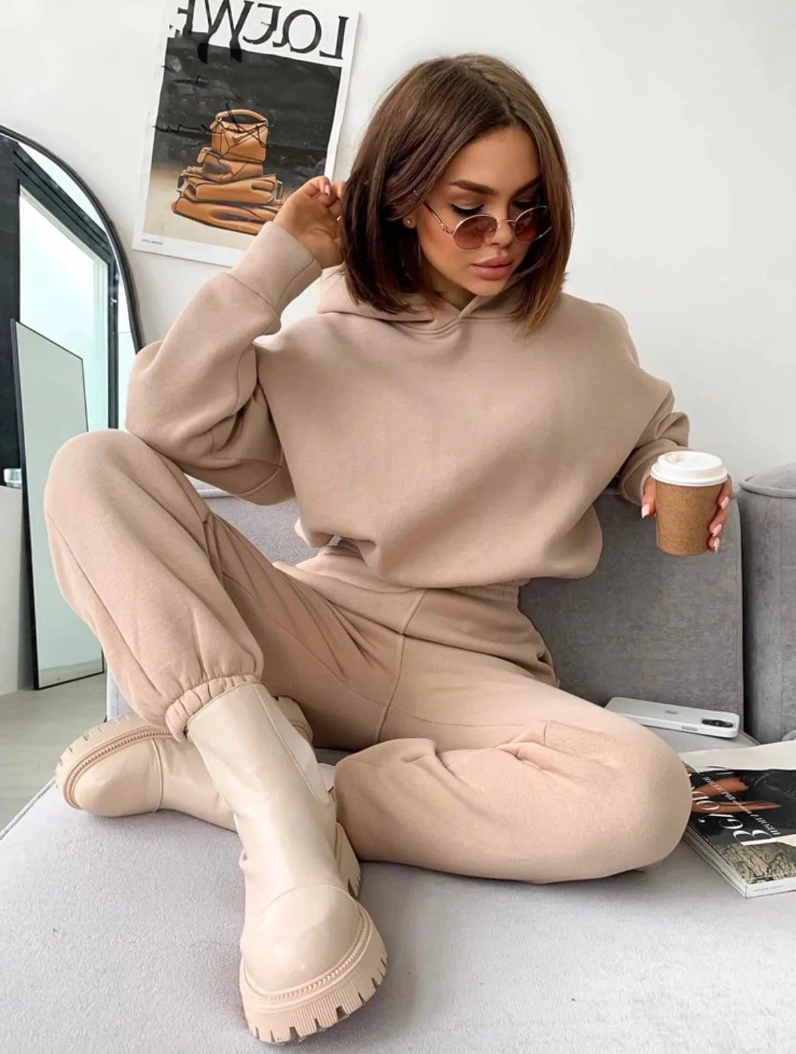 New Autumn and Winter Women'S Clothing Long-Sleeve Hooded Waist Belted Hoodie Cuffed Trousers Suit Two-Piece Set Women