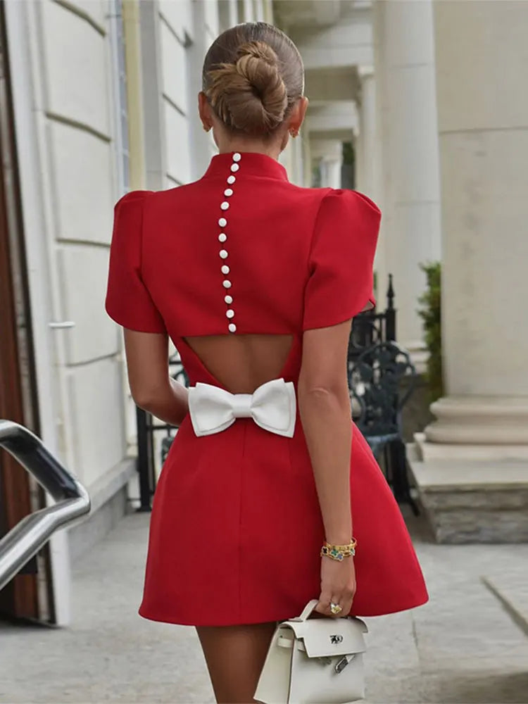 Women Red Bow Mini Dress Short Sleeve Fashion Pad Shoulder Dresses Backless Hollow Out Ladies Summer Chic A-Line Party Vestidos