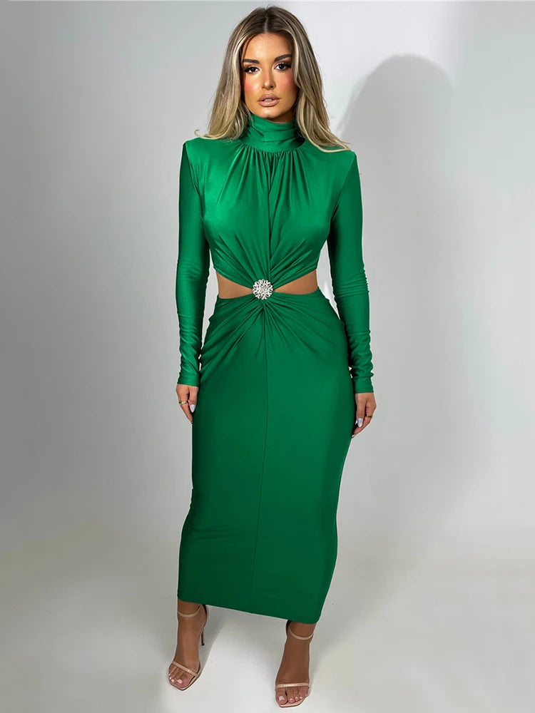 Elegant Hollow Out Sexy Maxi Dress for Women Autumn Winter New Turtleneck Long Sleeve Bodycon Club Party Evening Dress