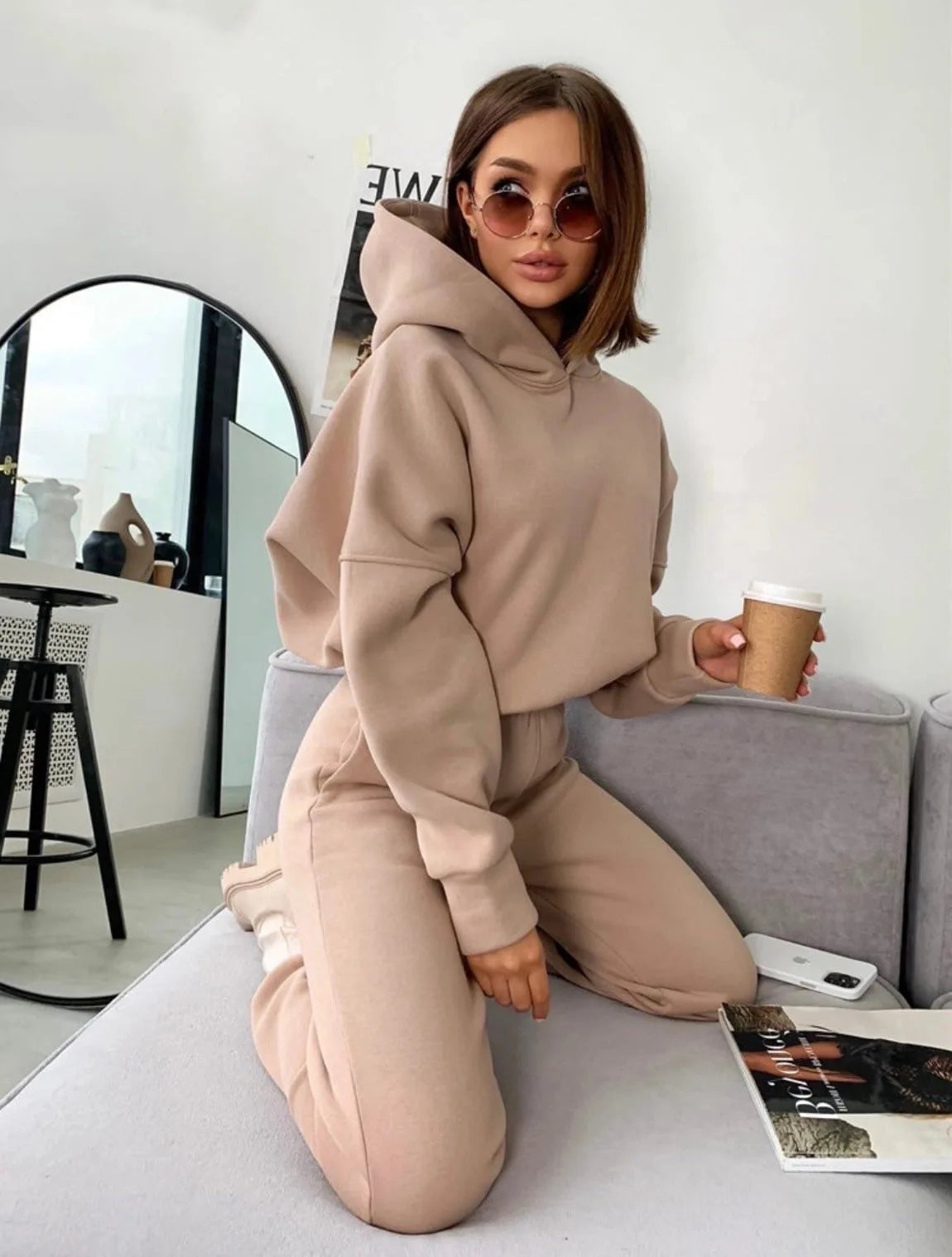 New Autumn and Winter Women'S Clothing Long-Sleeve Hooded Waist Belted Hoodie Cuffed Trousers Suit Two-Piece Set Women