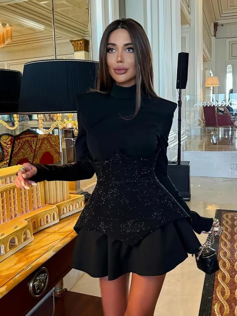 New INS 2024 Women Sexy Long Sleeve Black Pleated Dress High Street Glitter Celebrity Office Lady Dress